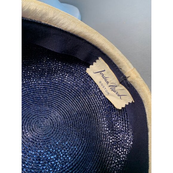 Vintage Navy & Cream Pillbox Hat With Red Trim & Black Veil Sz 22" - Picture 9 of 11